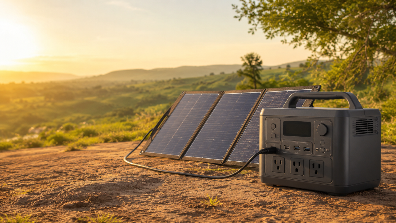 Estação portátil conectada a um painel solar dobrável em ambiente rural